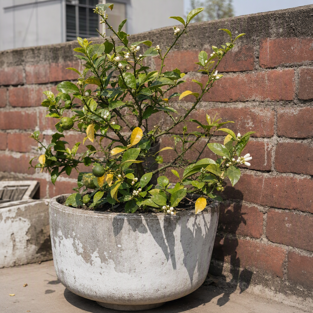 টবের লেবুগাছে সাদা ফুল ও ছোট সবুজ লেবু