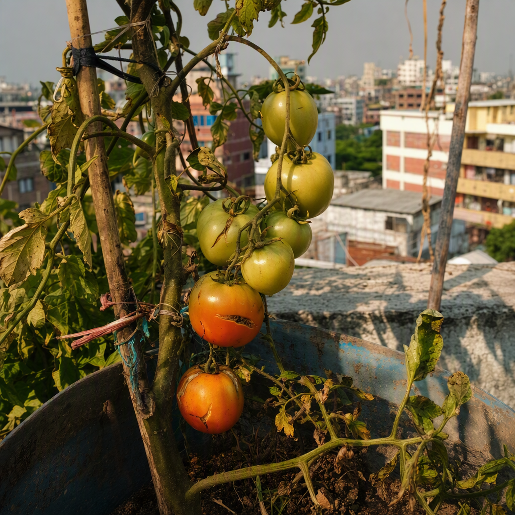 পাতায় সমস্যা দেখা দেওয়া টবে লাগানো টমেটোগাছ