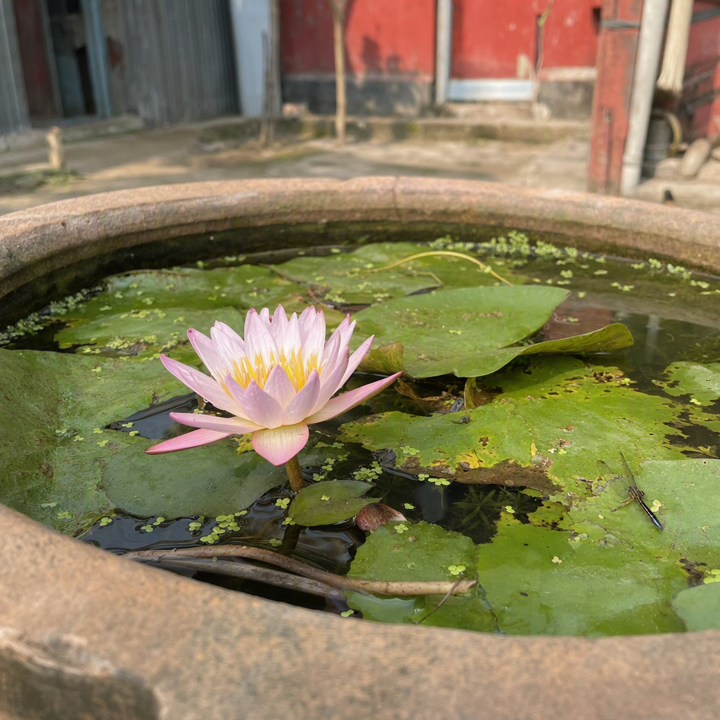 ছোট জলবাগানে ফুটে থাকা গোলাপি শাপলা