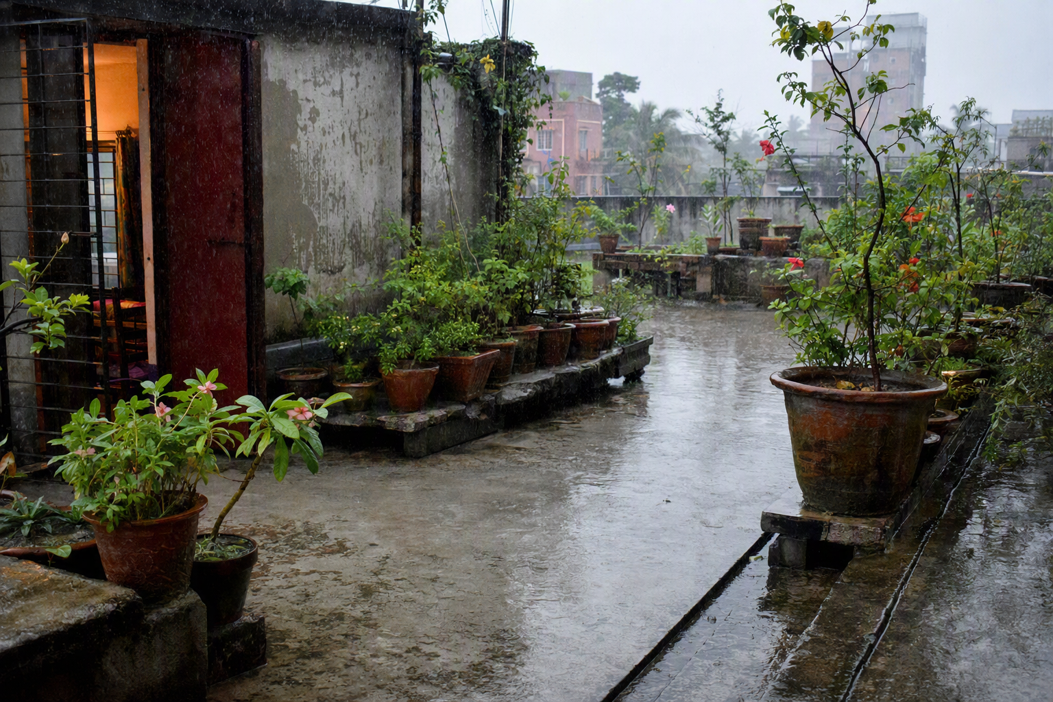 বর্ষার বৃষ্টিতে ছাদবাগানের টব থেকে পানি নিষ্কাশন