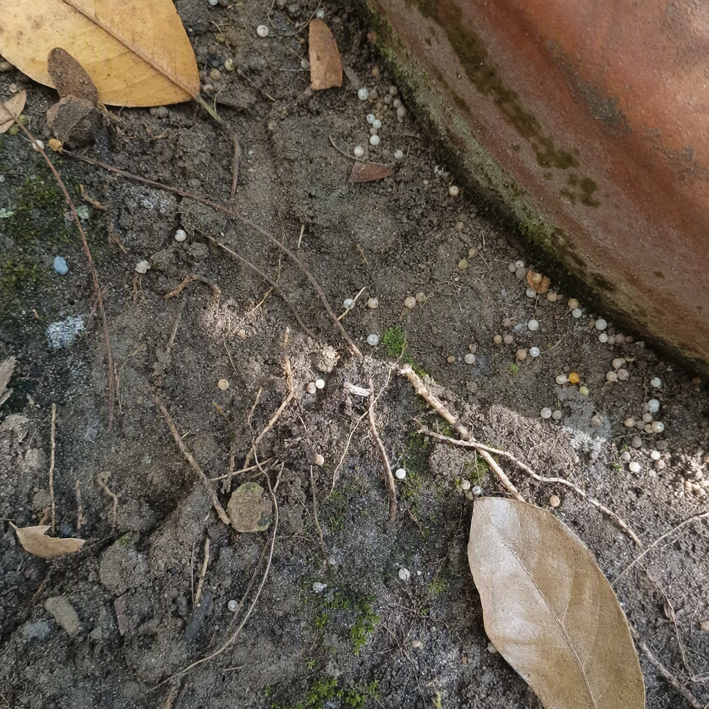 লেবুগাছের টবের মাটির উপরিভাগ ও গোড়ার অবস্থা