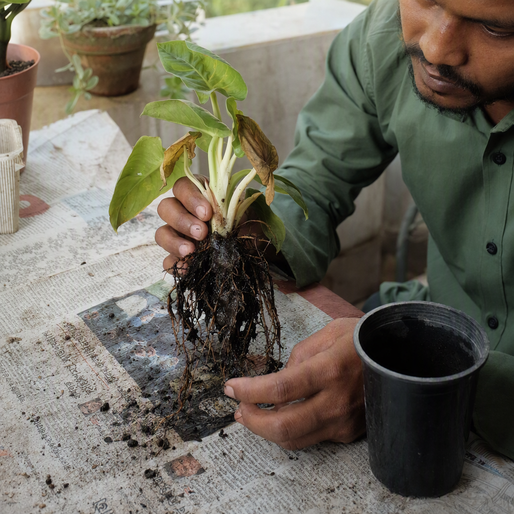 পানি জমা টব থেকে বের করা কালচে নরম শিকড়