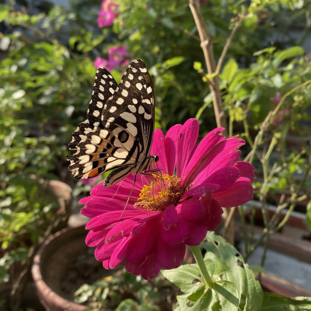 ছাদের কমলা জিনিয়া ফুলে বসা রঙিন প্রজাপতি