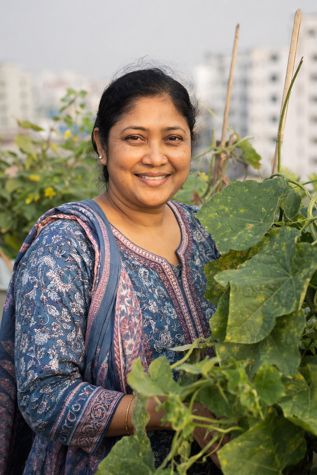 নিজের ছাদবাগানে দাঁড়িয়ে হাসছেন রুমানা রহমান