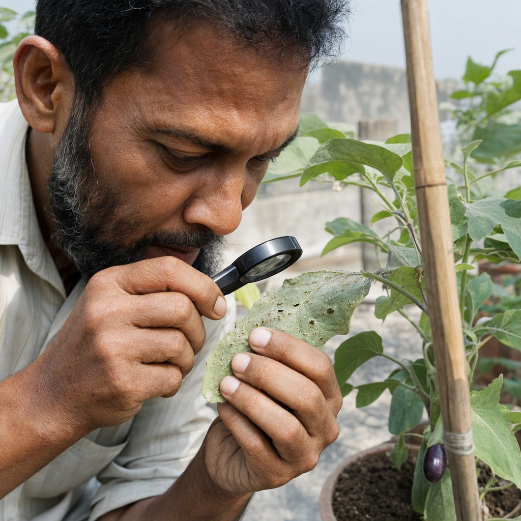 আতশকাচে পরীক্ষা করা দাগযুক্ত সবুজ পাতা