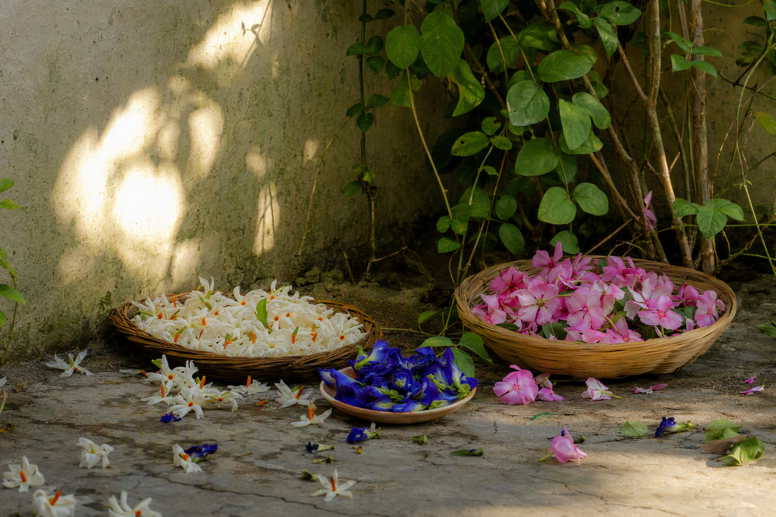 মৌমাছিসহ ফুটে থাকা দেশি হলুদ ও বেগুনি ফুল